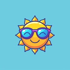 Cheerful cartoon sun wearing sunglasses, radiating positivity against a bright blue background.