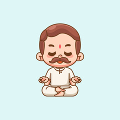 Cute india man meditation yoga kawaii chibi character mascot illustration outline style design