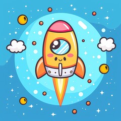 A cheerful cartoon rocket soaring in space against a bright blue backdrop.