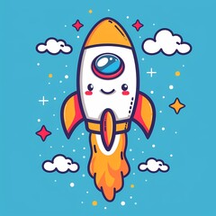 Fototapeta premium Colorful cartoon rocket soaring through a bright blue sky with clouds and stars.