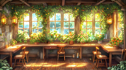Fototapeta premium Artists studio filled with sunlight and vibrant greenery, creating a serene atmosphere
