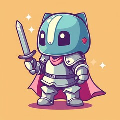 Fototapeta premium Cute cat knight character with a sword and shield in vibrant colors.
