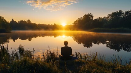 A man meditating by a lake at sunrise.