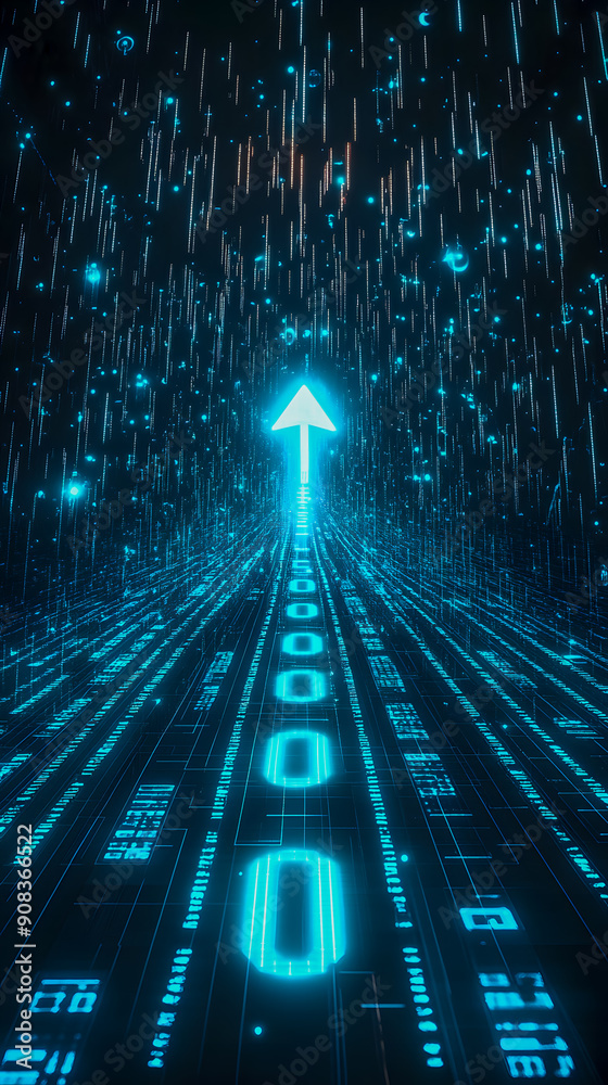 Poster futuristic digital landscape with glowing neon arrows and flowing data streams in an abstract 3d ren