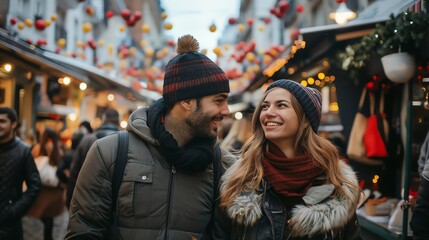 Obraz premium A young couple is walking down a street at a Christmas market, laughing and looking at each other.