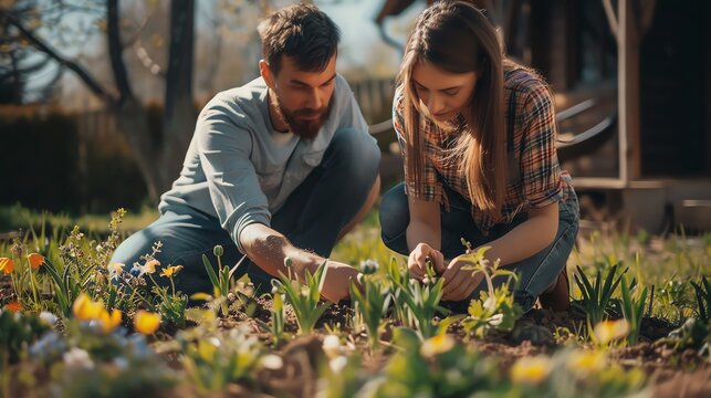 A couple is gardening together in their yard.