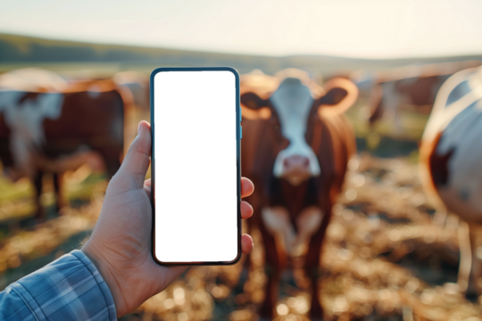 Smart farmer holding blank touch screen mobile phone on blurred cow background