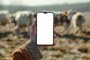 Smart farmer holding blank touch screen mobile phone on blurred cow background