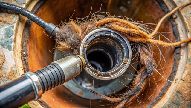 A flexible waterproof camera probe inserted into a clogged drain pipe, capturing a close-up view of tangled hair and debris causing the blockage.