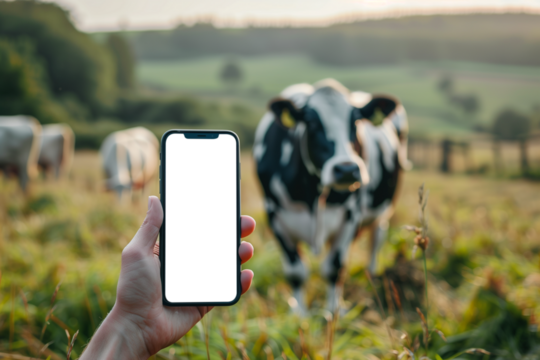 Smart farmer holding blank touch screen mobile phone on blurred cow background