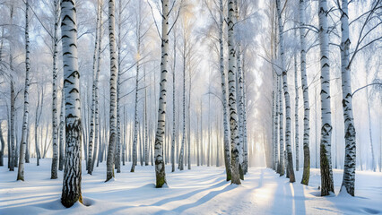 Serene winter landscape featuring a stand of white birch trees with delicate paper-white bark surrounded by snow-covered forest floor and misty atmosphere.