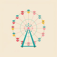 Colorful Ferris wheel with whimsical pastel cabins.
