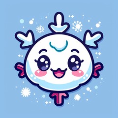 Fototapeta premium Cute white snowflake character with a joyful expression and colorful accents.