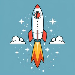 Fototapeta premium A colorful rocket ship launching into a clear blue sky with stars.