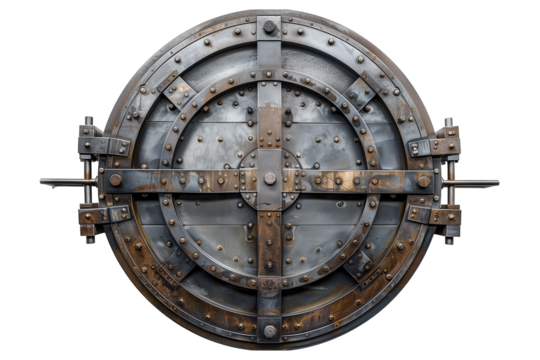 Steel bank vault door for safe storage isolated on transparent background