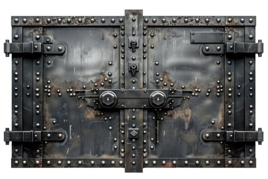 Steel bank vault door for safe storage isolated on transparent background