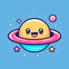 Fototapeta premium Cute cartoon planet with a smile, surrounded by stars on a blue background.