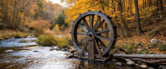 A rustic wooden water wheel by a babbling brook in autumn's serene atmosphere