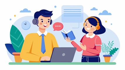 Empowering customers through knowledge and support. A customer service representative providing information to a customer, emphasizing the role of educating and assisting customers.