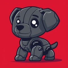 Obraz premium Cute robotic puppy with a shiny gray finish on a vibrant red background.