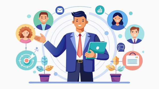 A businessman presenting a virtual human icon, emphasizing the transformative power of HR technology in talent acquisition. Innovative tools enhance the recruitment process, allowing businesses to ide