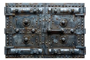 Steel bank vault door for safe storage isolated on transparent background