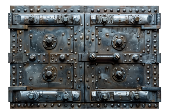 Steel bank vault door for safe storage isolated on transparent background