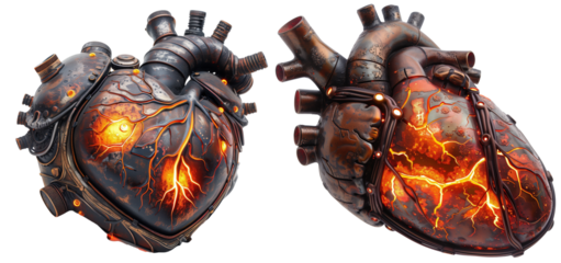 Steel heart machine with red light pulse isolated on transparent background