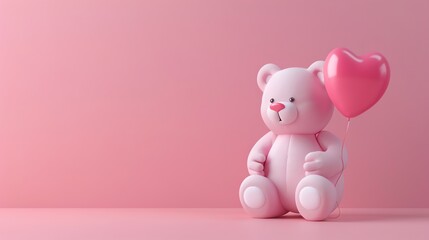 A pink teddy bear holding a pink heart balloon on a pink background.