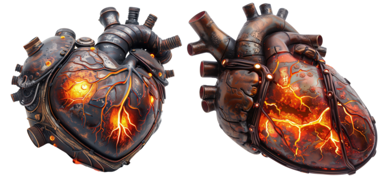 Steel heart machine with red light pulse isolated on transparent background