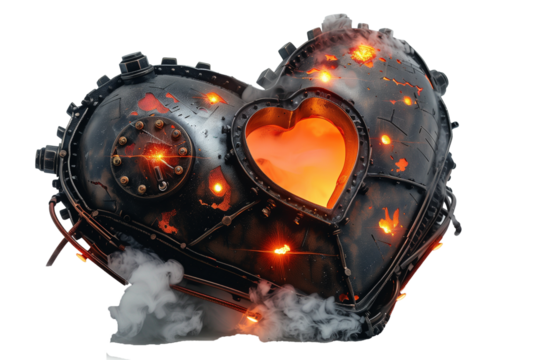 Steel heart machine with red light pulse isolated on transparent background