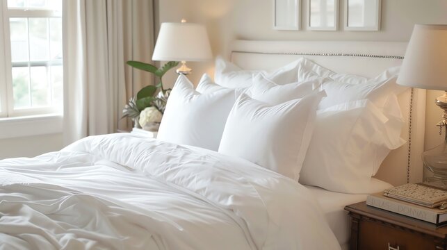 A bed with white sheets and pillows, and a bedside table with a book.