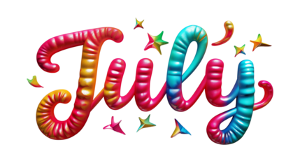 Colorful "July" text on transparent background