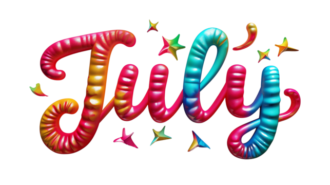 Colorful "July" text on transparent background