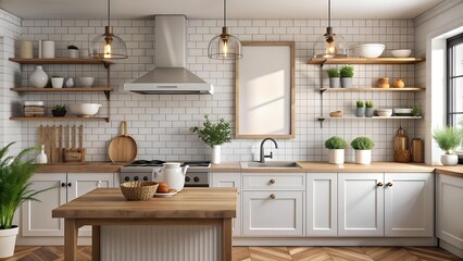 Farmhouse Kitchen with a Modern Twist: A Mockup Poster Frame with a Minimalist Print  AI generated