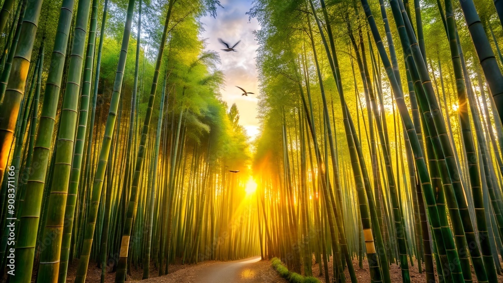 Poster Sun-Kissed Bamboo Grove: A Serene Summer Escape  AI generated