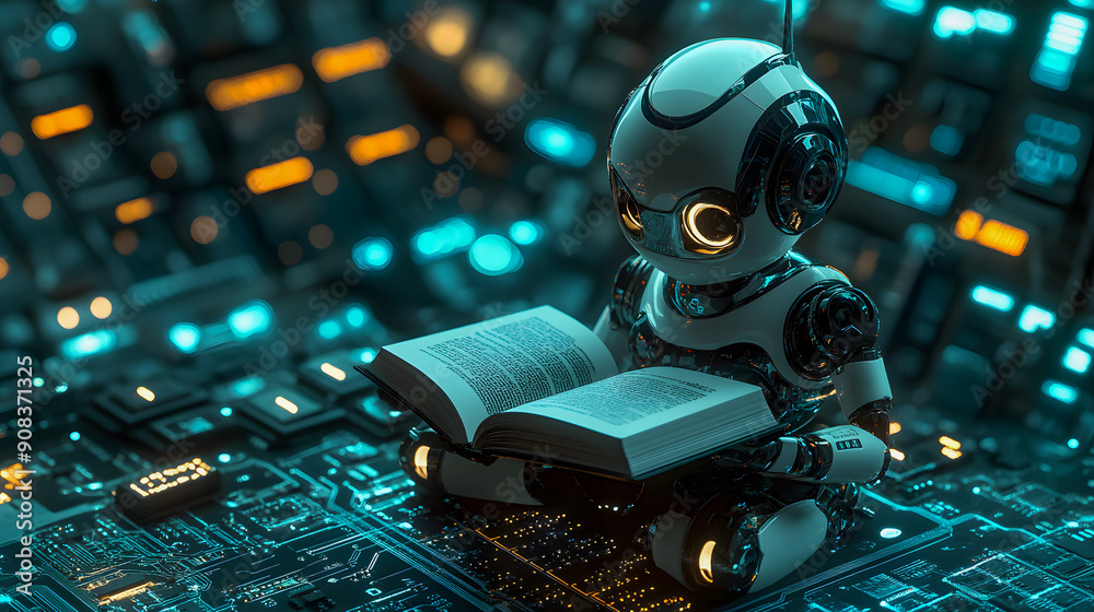 Poster robotic intelligence reading and learning on high tech circuit board futuristic cyber technology sci