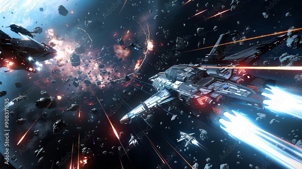Wall mural a spaceship flies through an asteroid field in space.