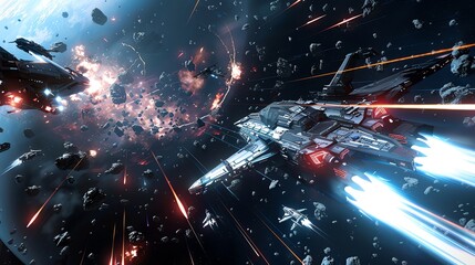 A spaceship flies through an asteroid field in space.