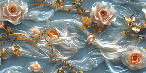 Seamless 3D White, Golden, Red, and Pink Autumn Flowers in Branches on a Light Background. Abstract Floral 3D Landscape Luxury Wall Sticker. HD Seamless Magnolia, Frangipani, Rose Flower Wallpaper.