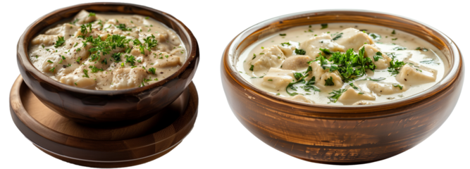 Vegetarian malai soybeans in wooden bowl with cream sauce isolated on transparent background
