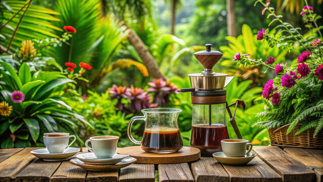 Traditional Indonesian coffee maker and freshly brewed coffee in a cups on a wooden table surrounded by lush green tropical plants and flowers.