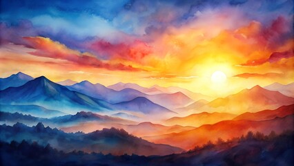Obraz premium Abstract Watercolor Bleed of a Sunset Over a Mountain Range AI generated