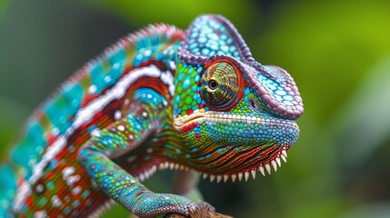Obraz premium A colorful chameleon with its eye focused on something.
