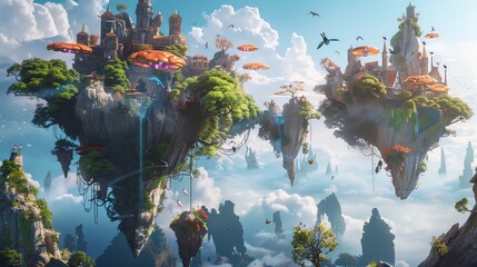 A fantasy landscape with floating islands, trees, and houses.