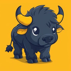 Fototapeta premium Cute cartoon buffalo with big eyes and vibrant features on a bright yellow background.