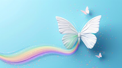 A white butterfly with rainbow wings and pink butterflies.