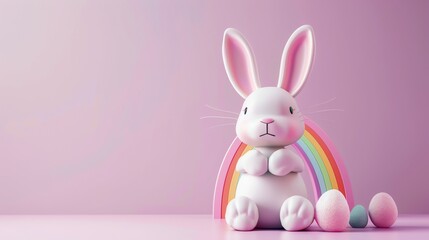 Fototapeta premium A white bunny sits in front of a rainbow, with Easter eggs nearby.