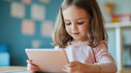 Young Student Engaged in Interactive Learning with Tablet Device in School Setting