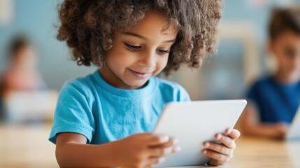 Young Student Engaged in Interactive Learning with Tablet Device on School Desk
